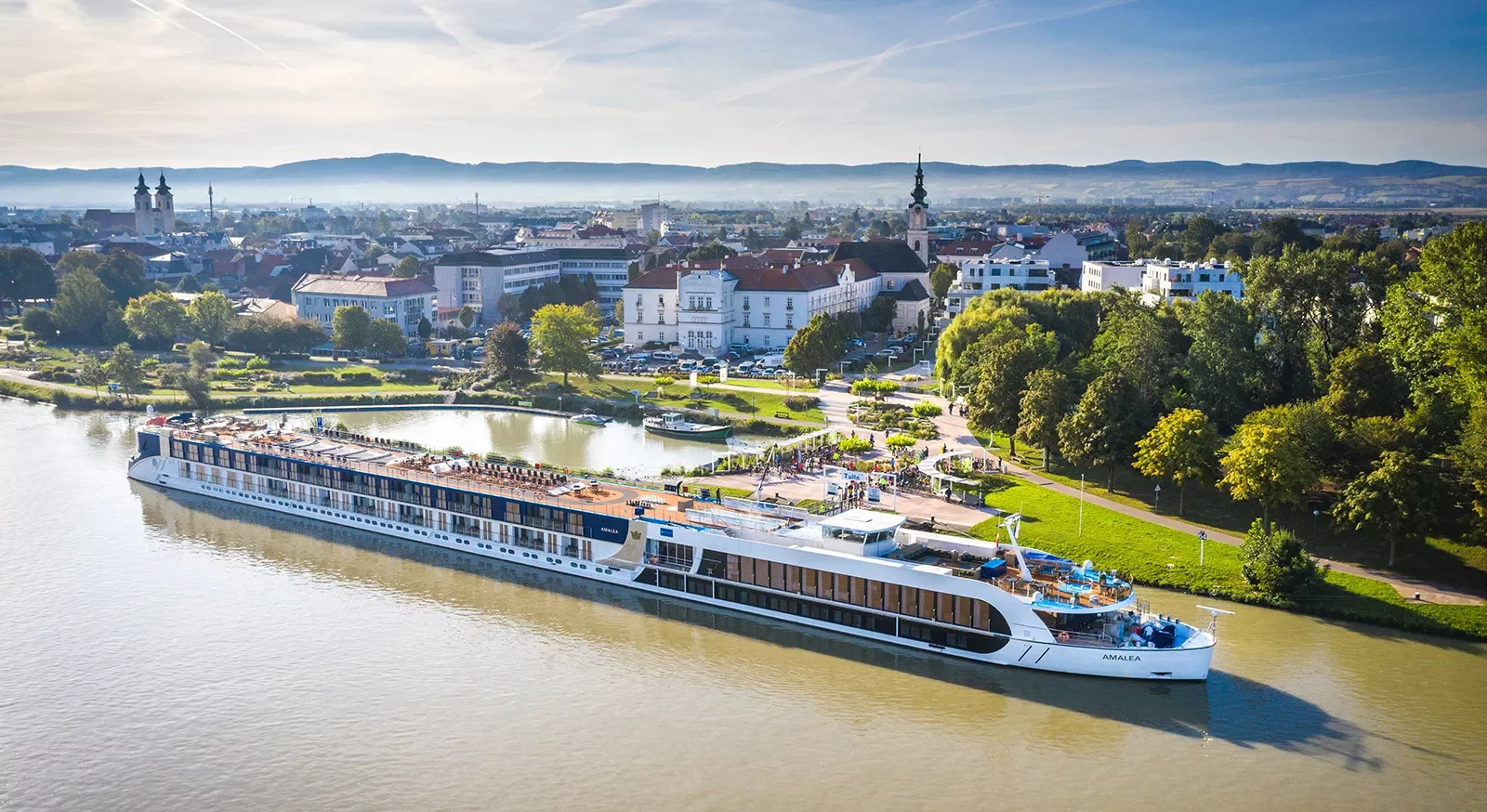Aerial view of the AmaLea cruise ship on the Danube river.