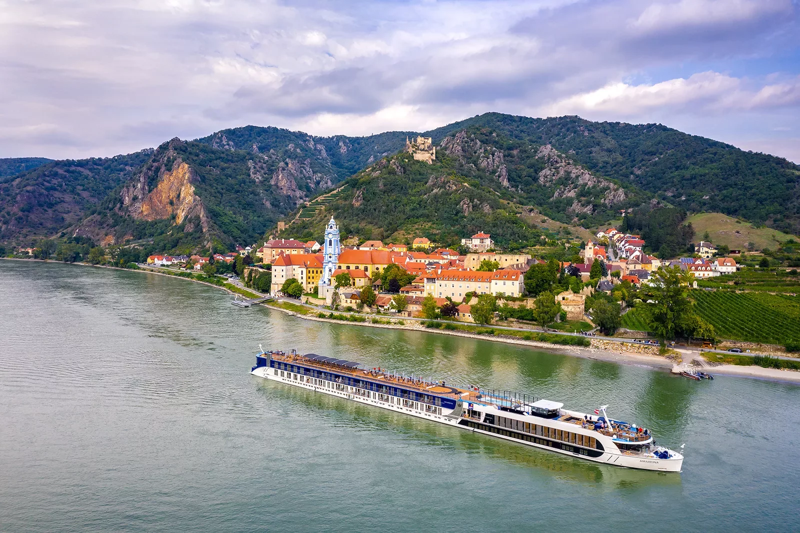 Aerial view of the Amareina cruise ship on the Danube river.
