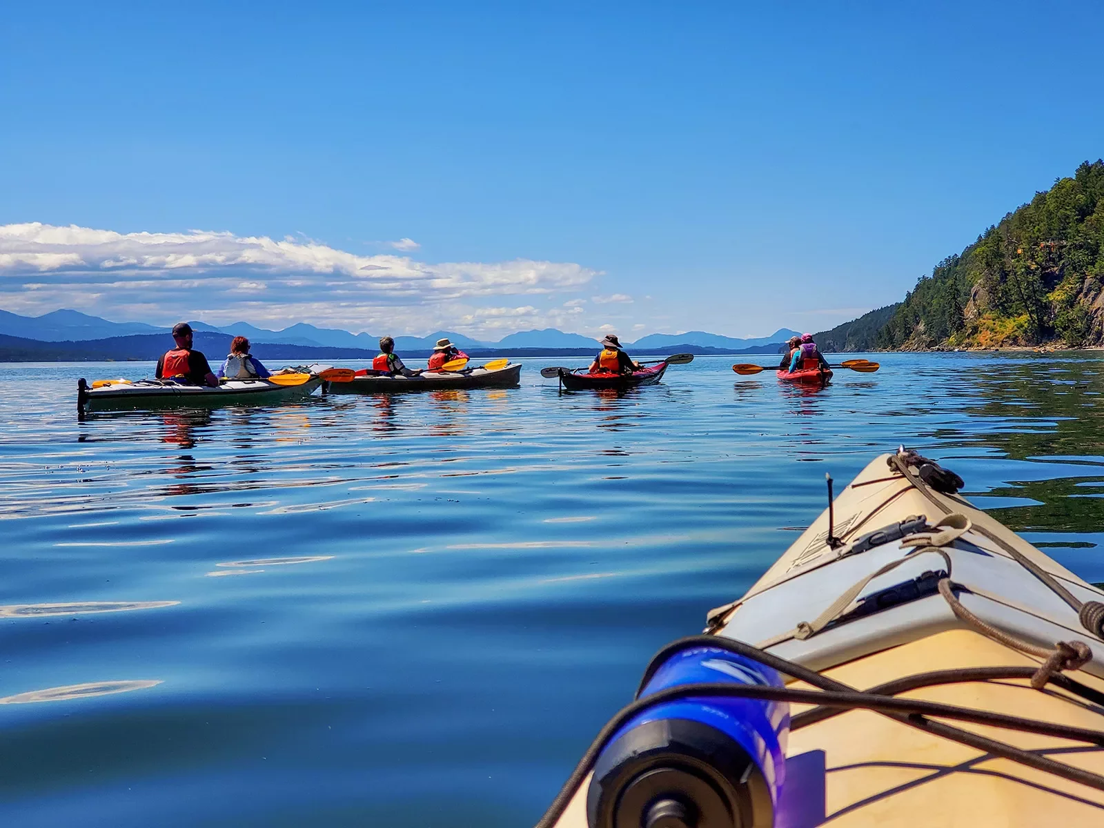 Point of view shot of  guests kayaking, mountains in background.