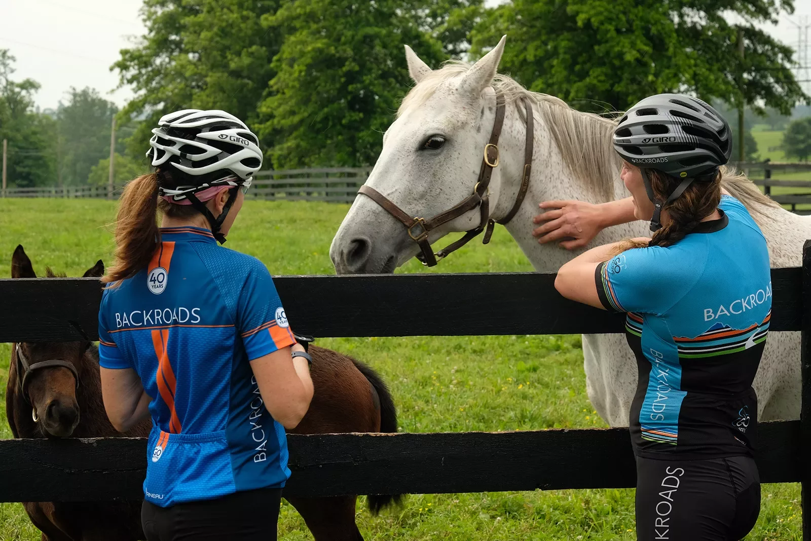 Two guests in bike gear petting white horse.