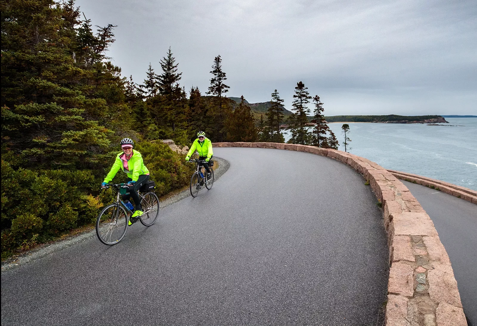 Two guests cycling on costal road, forest to their right, ocean to their left.