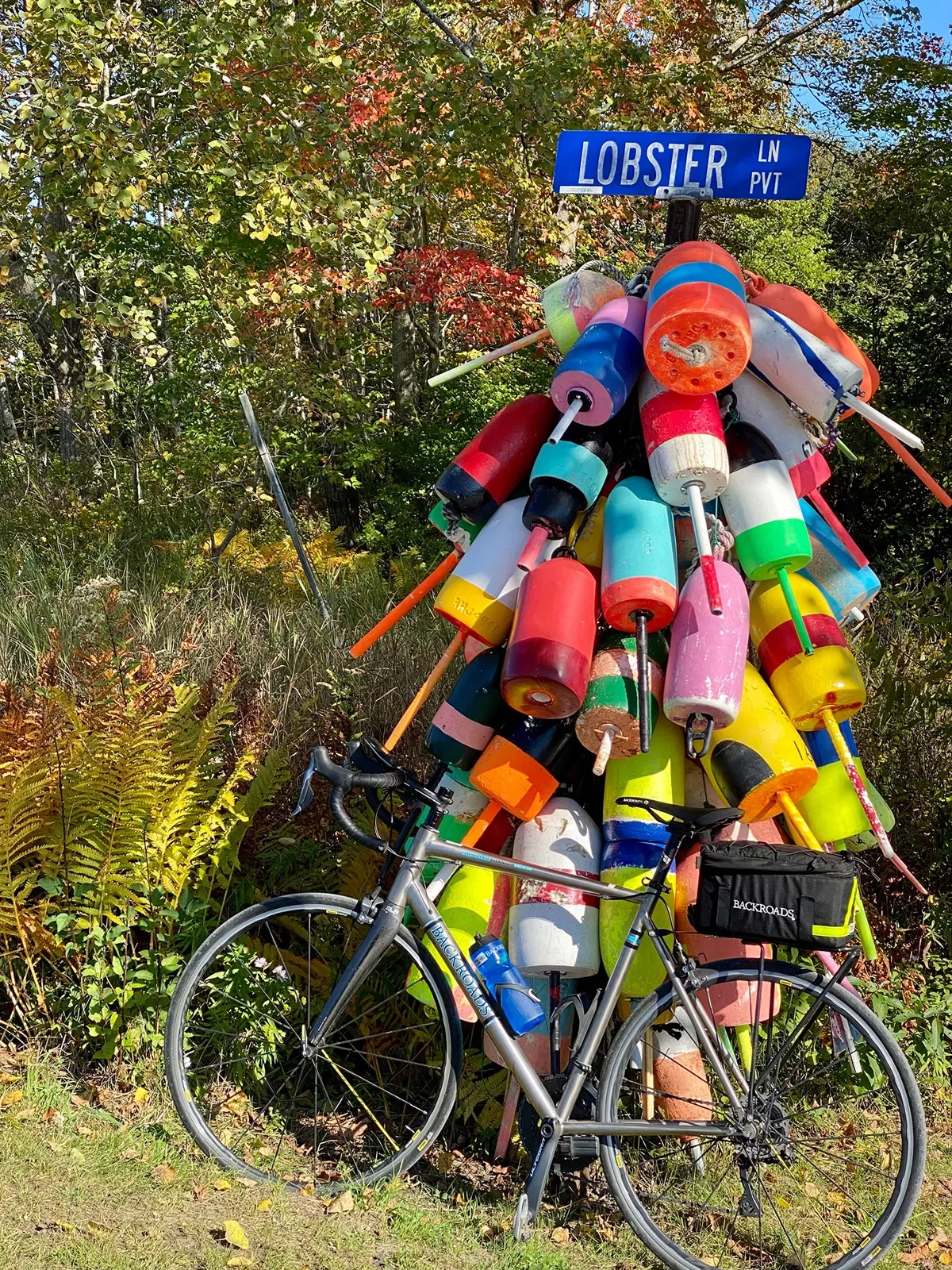Bike parked at &quot;LOBSTER LN&quot; sign, numerous buoys tied around it.