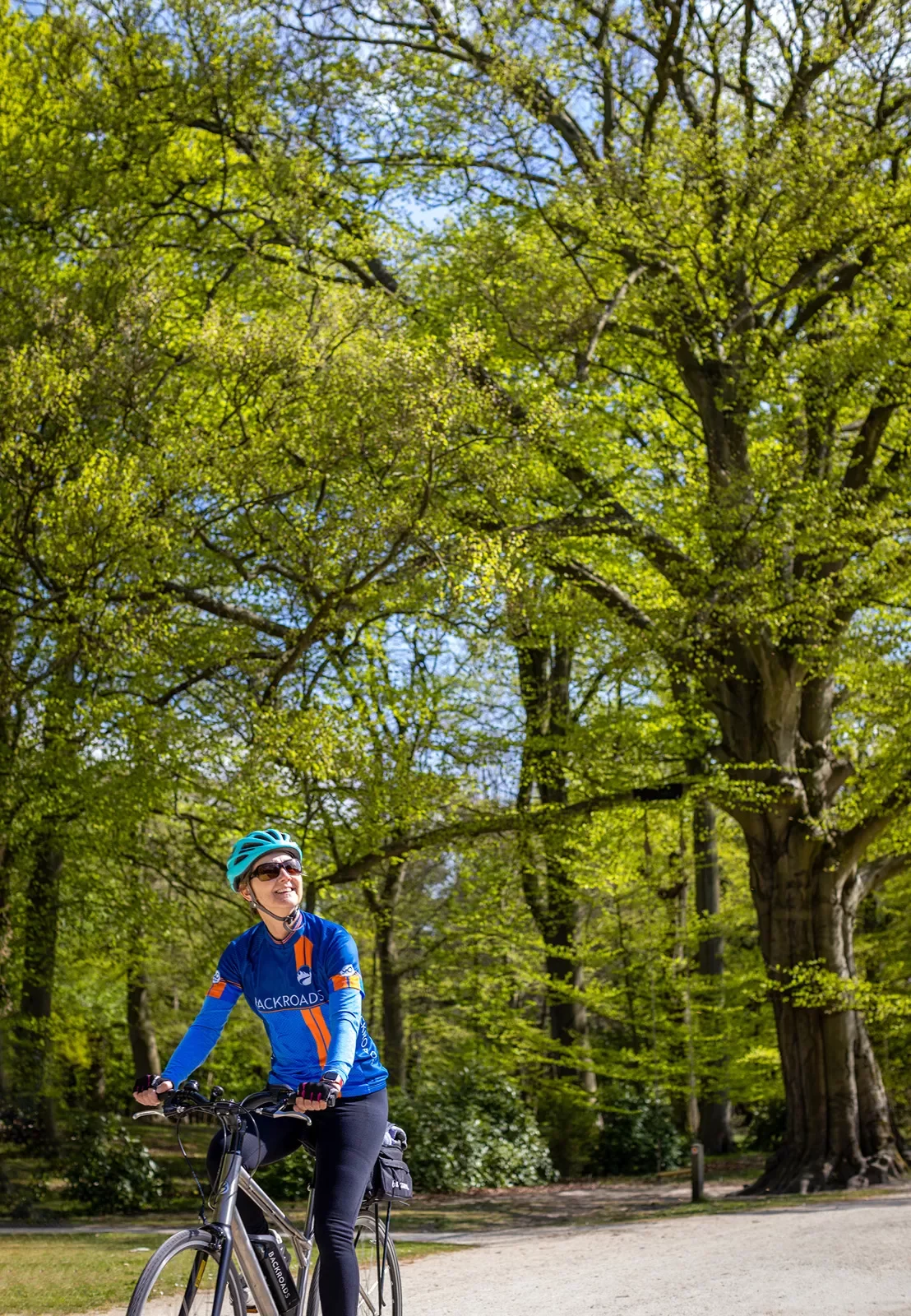 A person riding on an e-bike looking up at trees