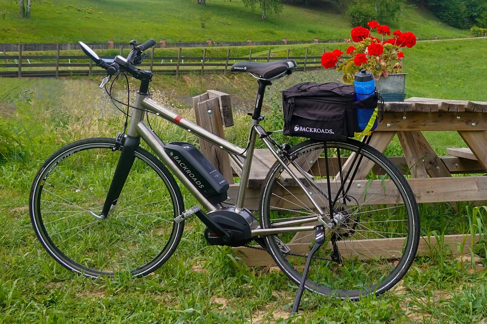Shot of ebike, red flowers on wooden table behind it.