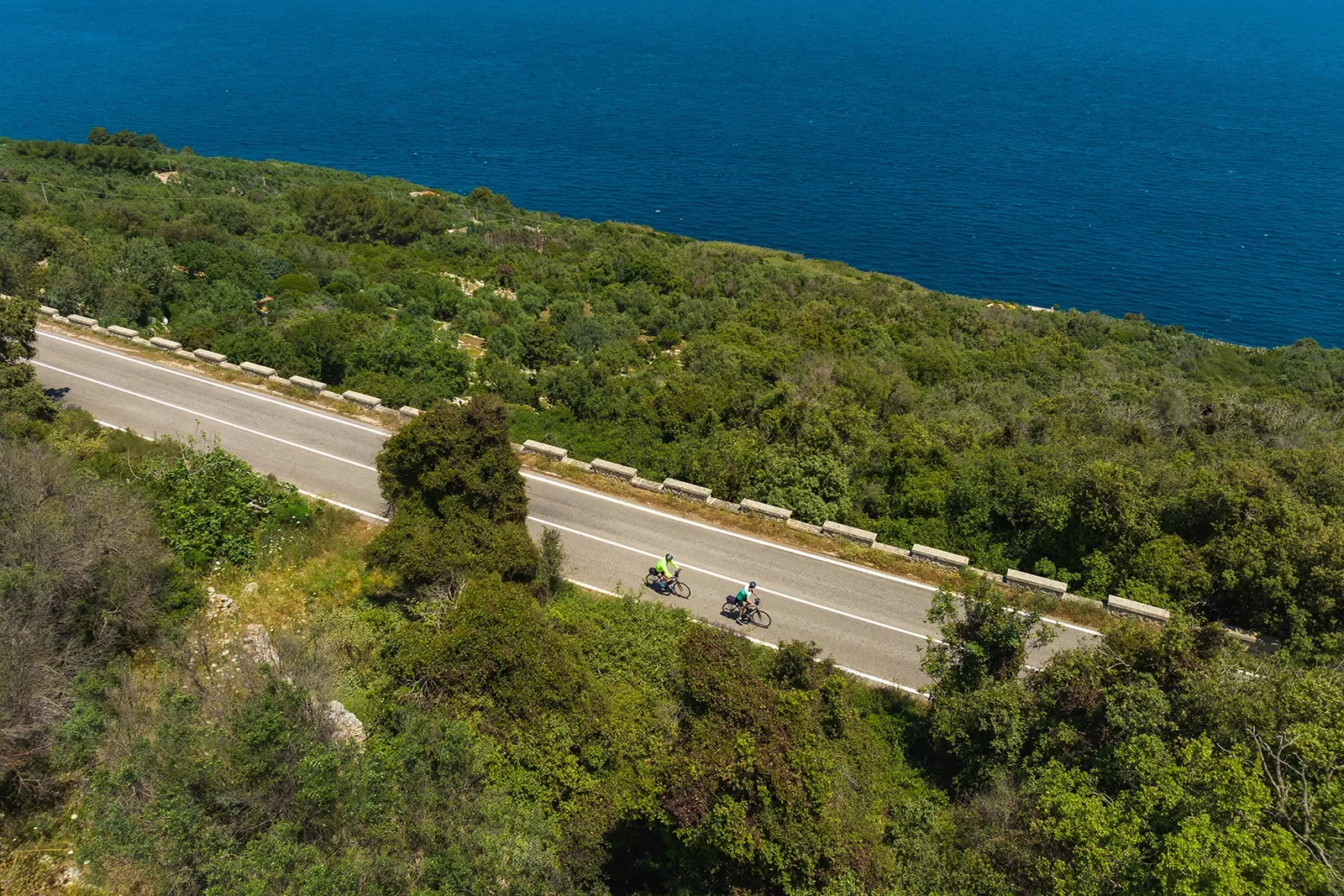 Aerial shot of two guests cycling down coastal road, forest and ocean in background.