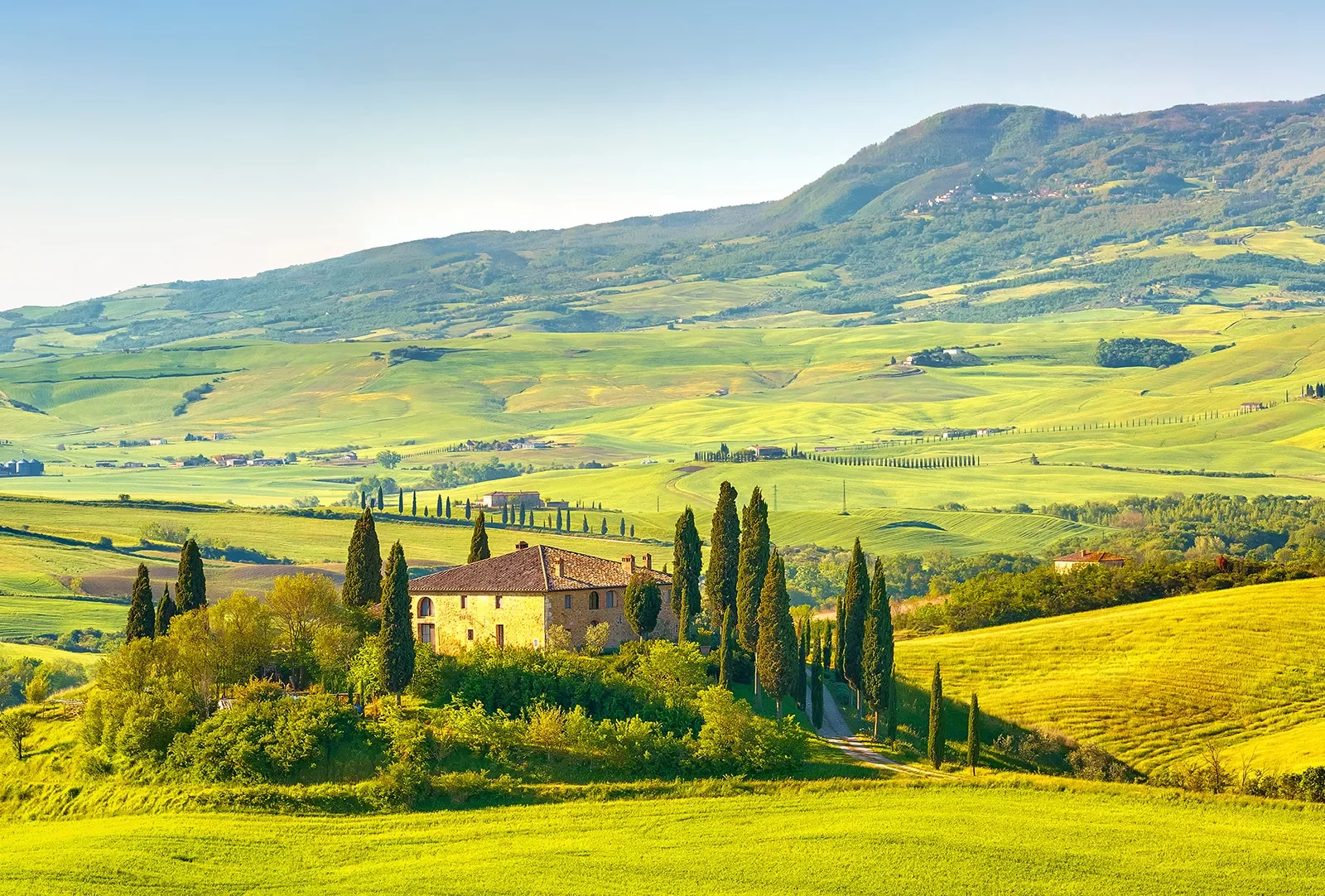 Wide shot of Tuscan countryside.