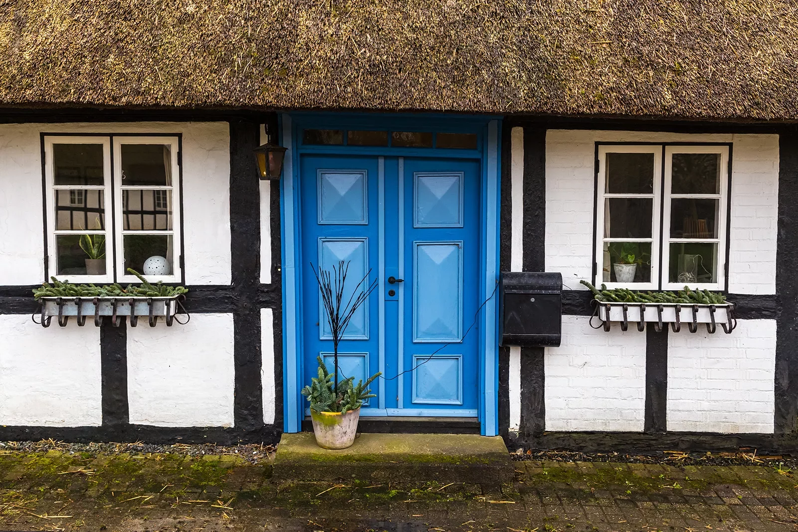 Traditional European house with bright blue door