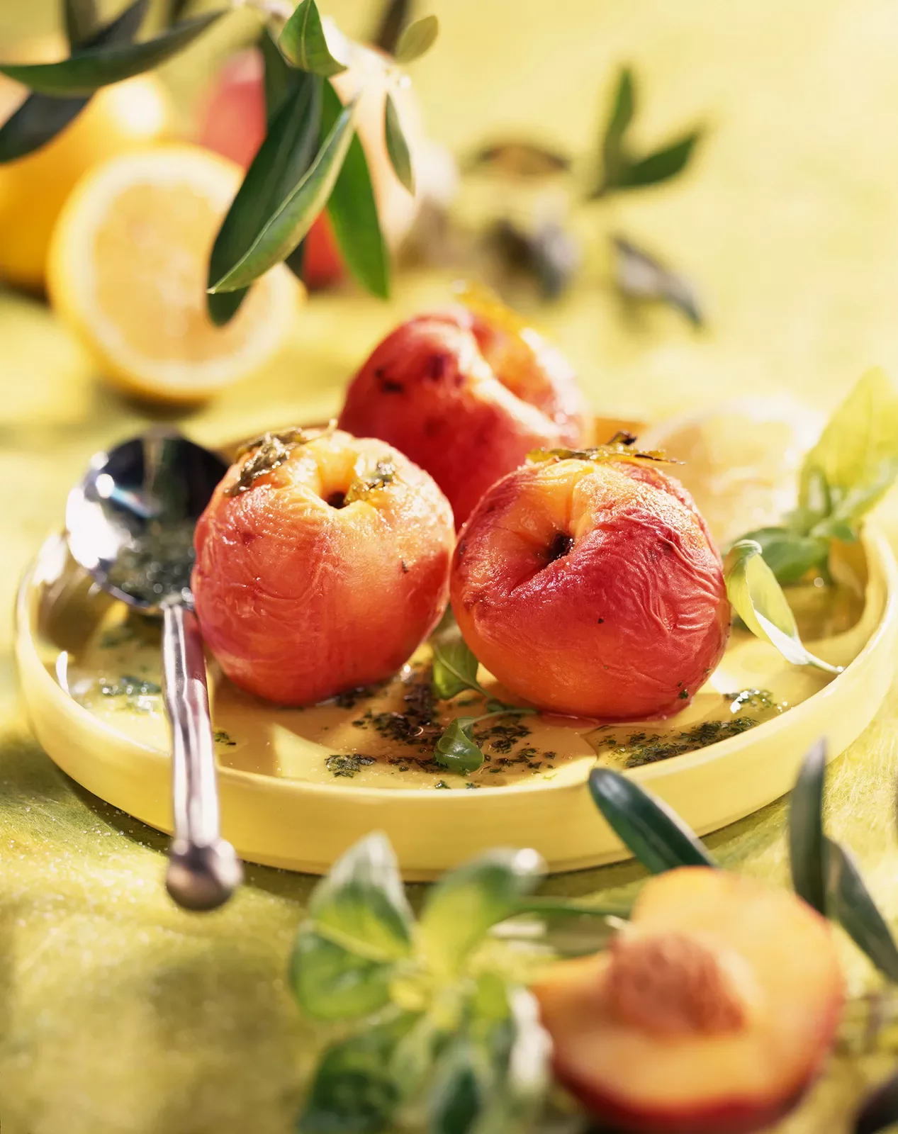 Platter of cooked peaches.