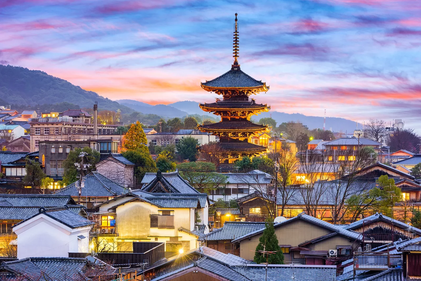 Japanese city of Kyoto at sunset
