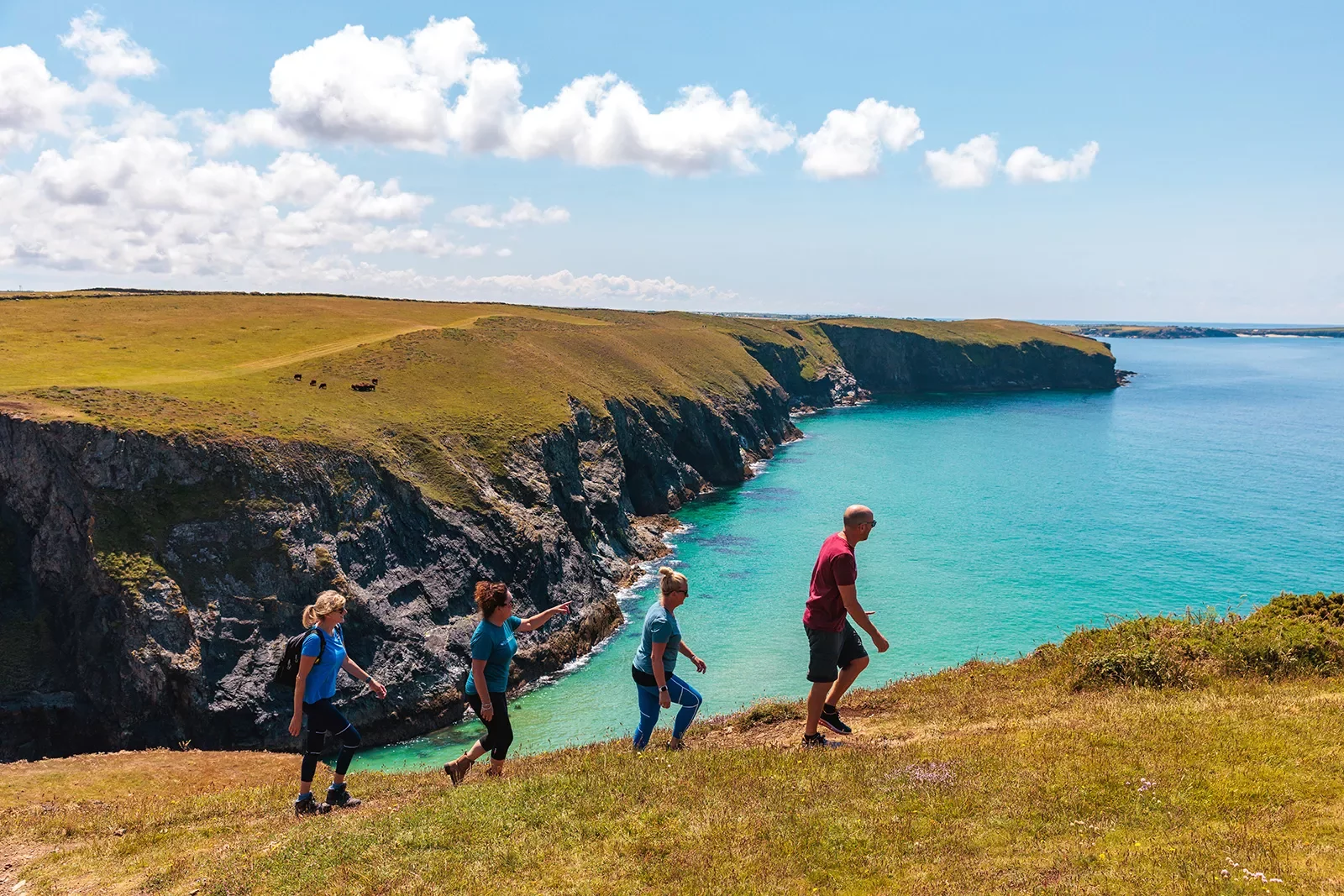 Four hikers walking up a hill in Cornwall, England