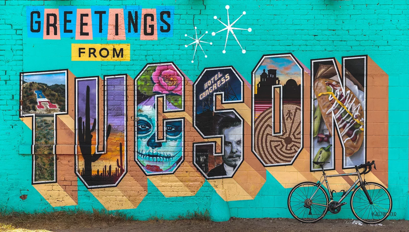 Greetings from Tuscon mural with Backroads bike