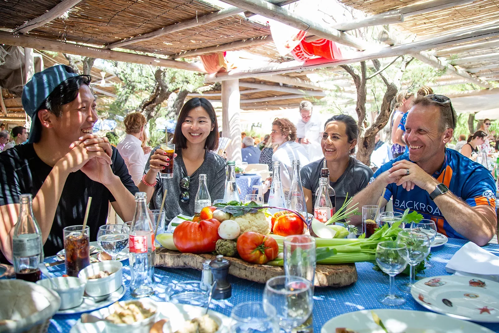 Group of Backroads guests enjoying an outdoor meal in France