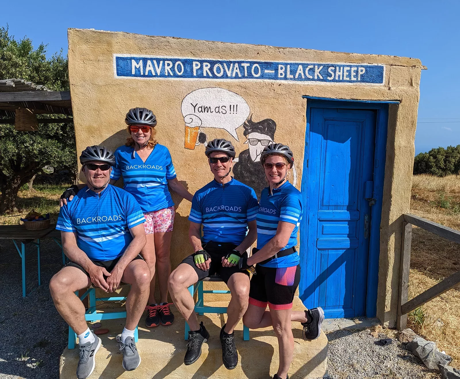 Four guests in biking gear at small rest point building.