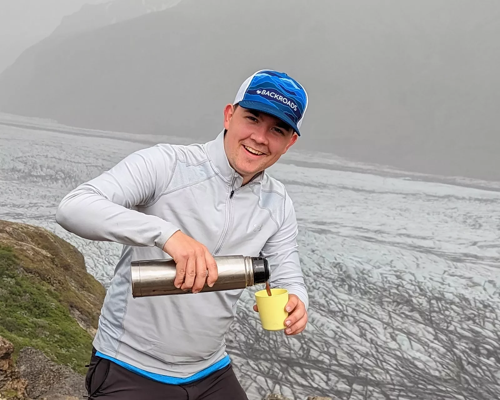 Pooring Coffee Above Glacier Iceland