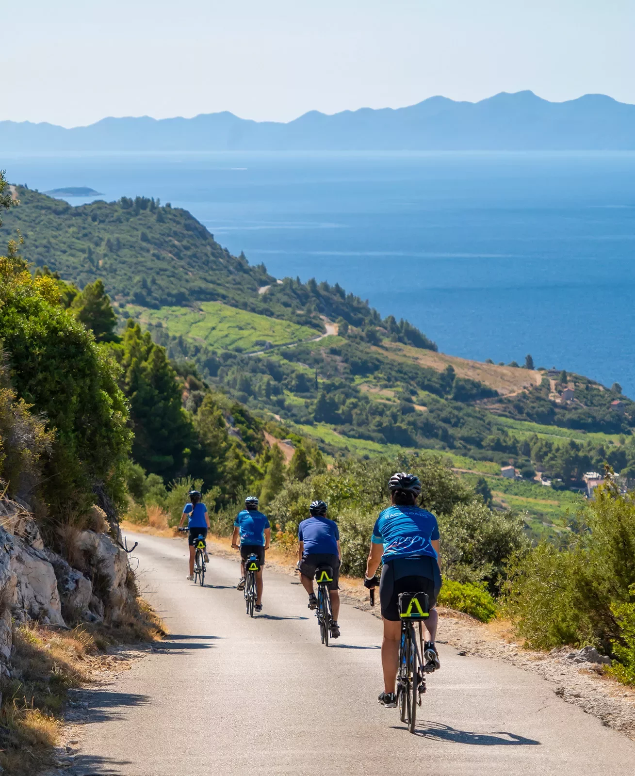 Four guests cycling down coastal road, hillside, ocean in distance.