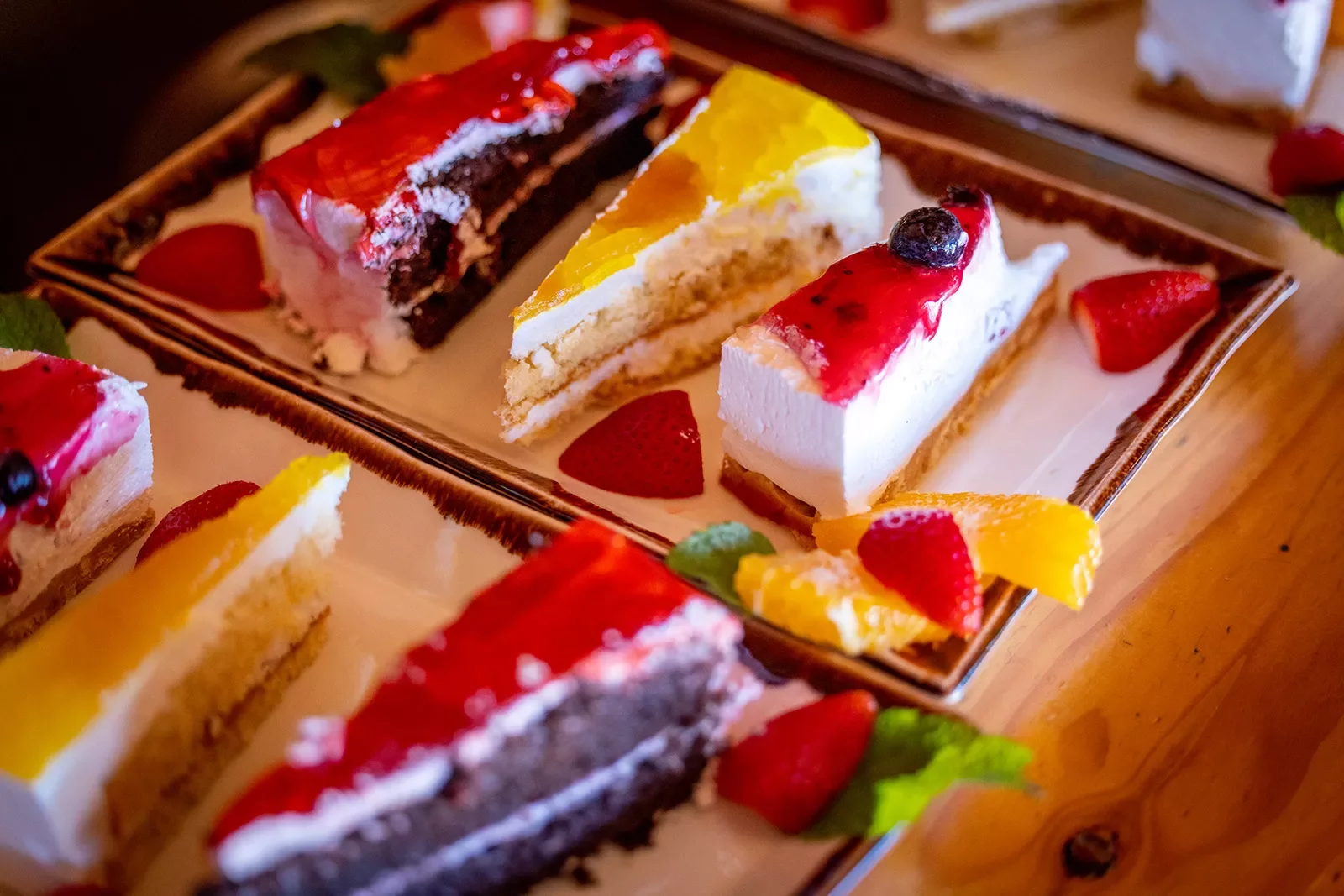 Colorful desserts arranged on a tray