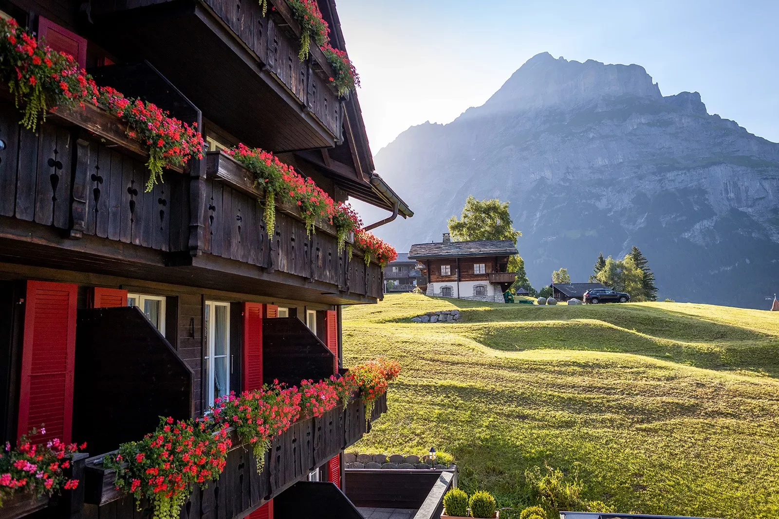 Shot of hotel balconies, large mountain, grassy hillside, red flowers.