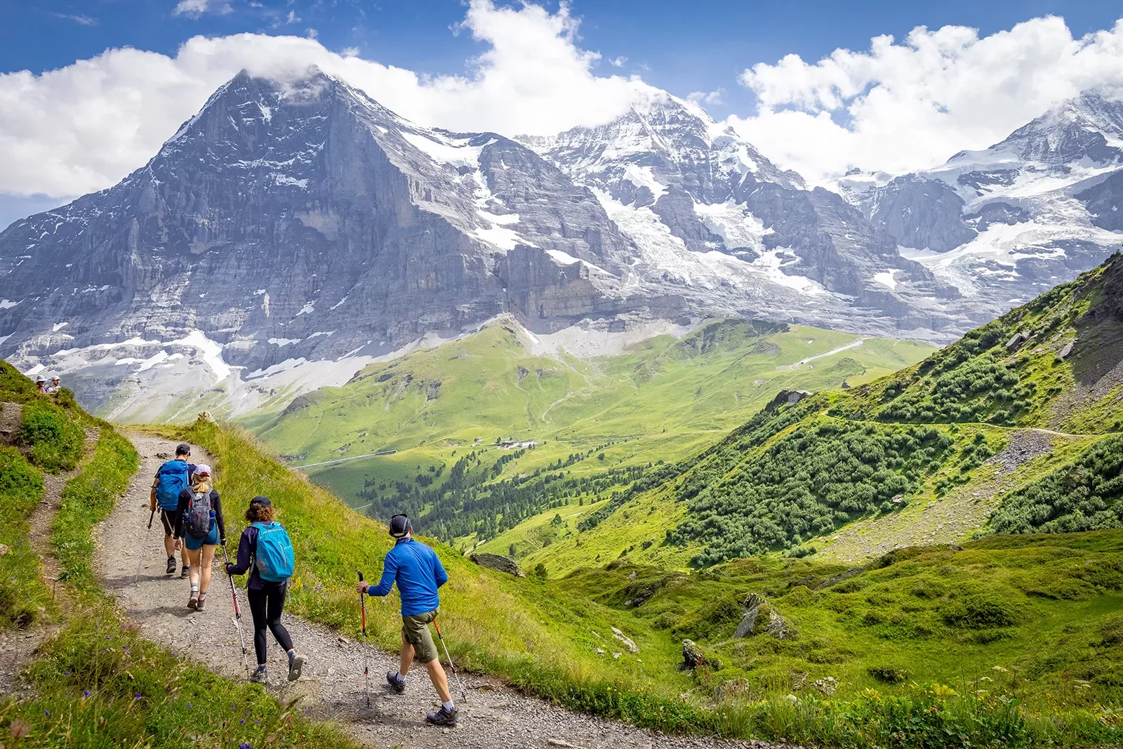 Four guests hiking on grassy road, Mount Eiger in background.