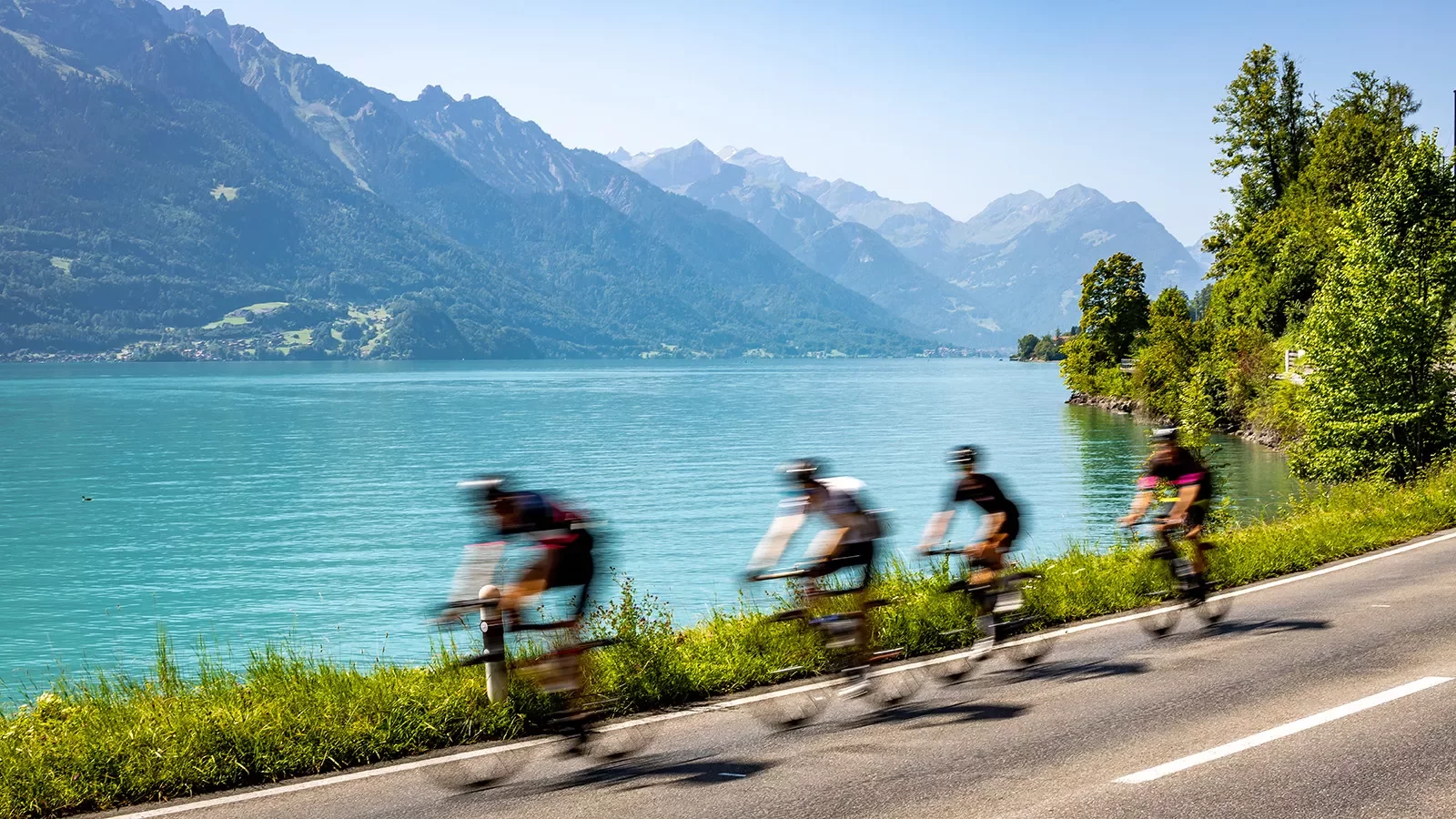 Four guests cycling quickly past blue lakefront, mountains.