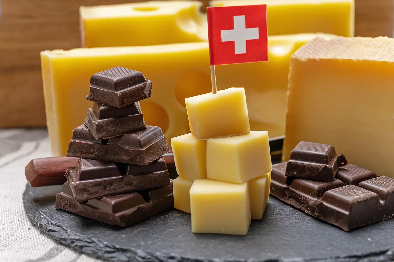 shot of cheese, chocolate, mini Swiss flag.