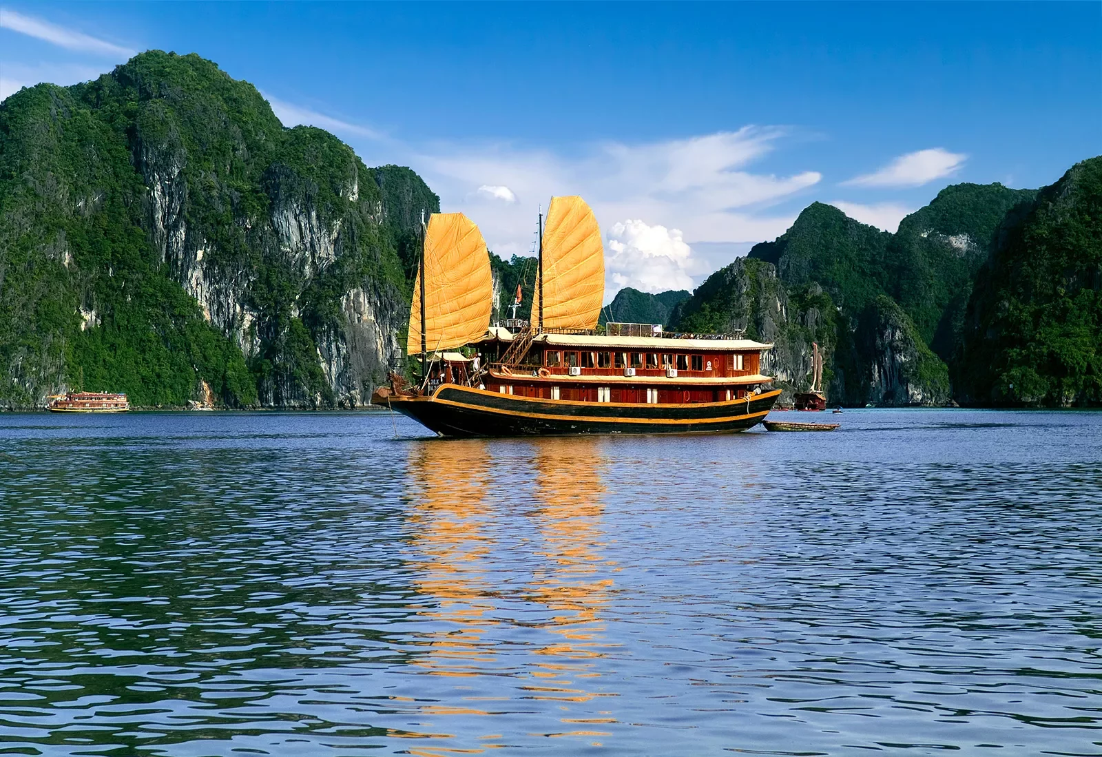 Barge sailing through Halong Bay in Vietnam