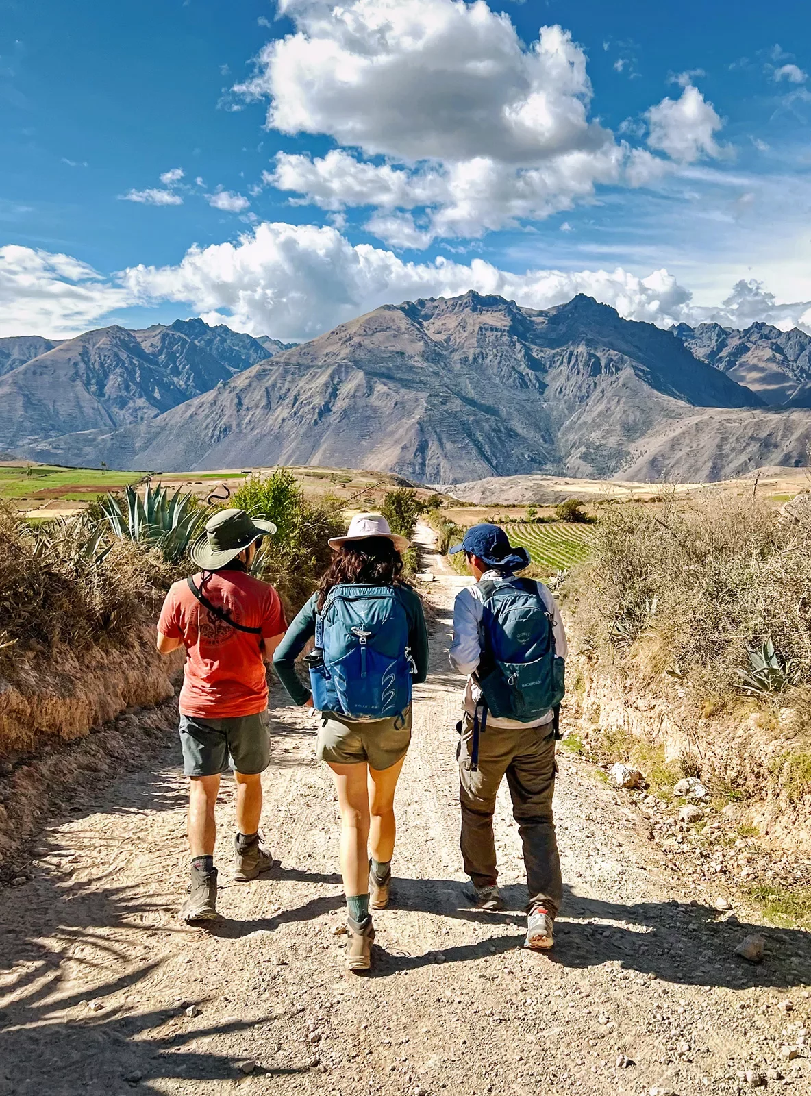 Three guests walking down rocky trail, towards large mountain range.