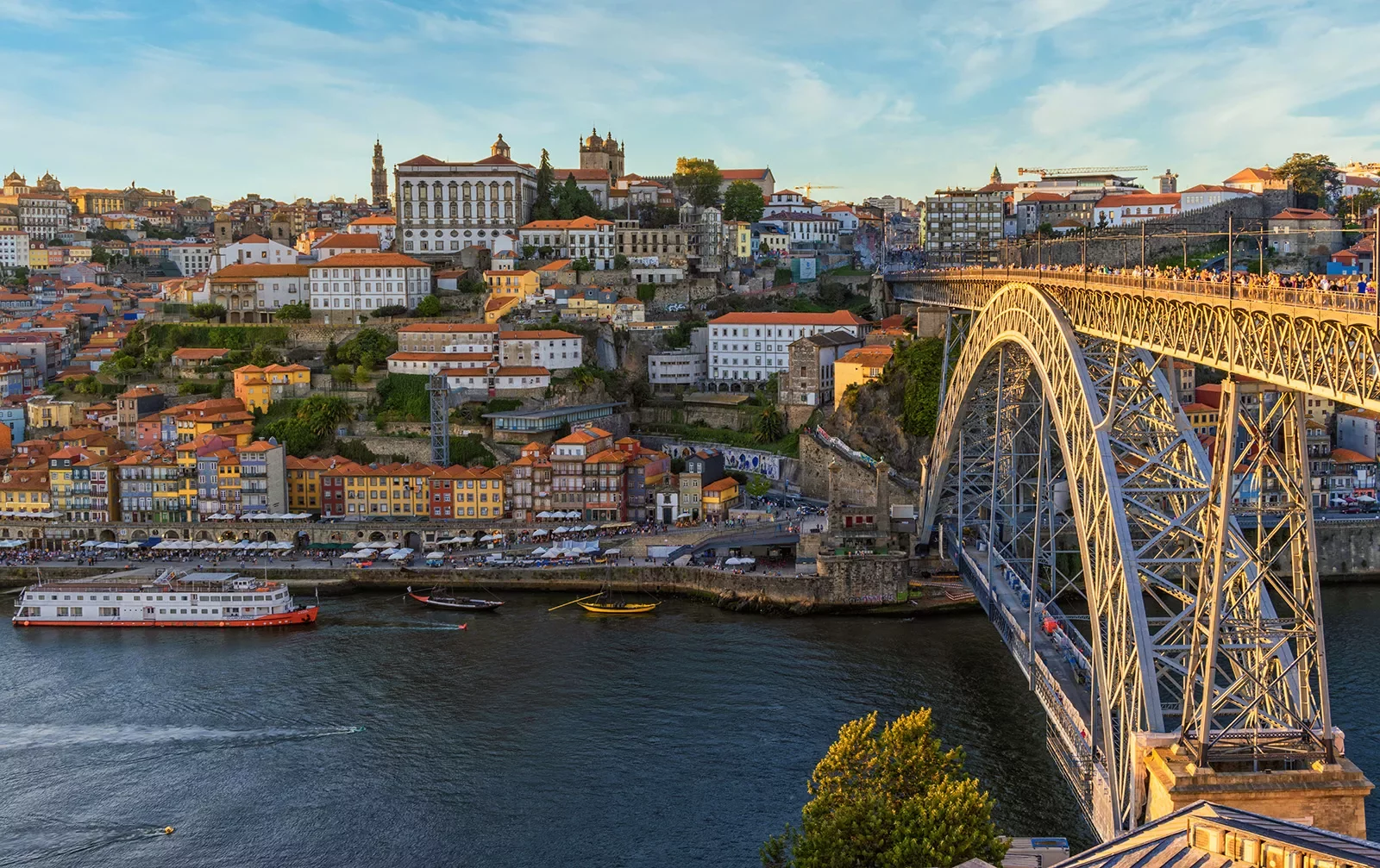 Wide shot of downtown Porto, bridge, river.