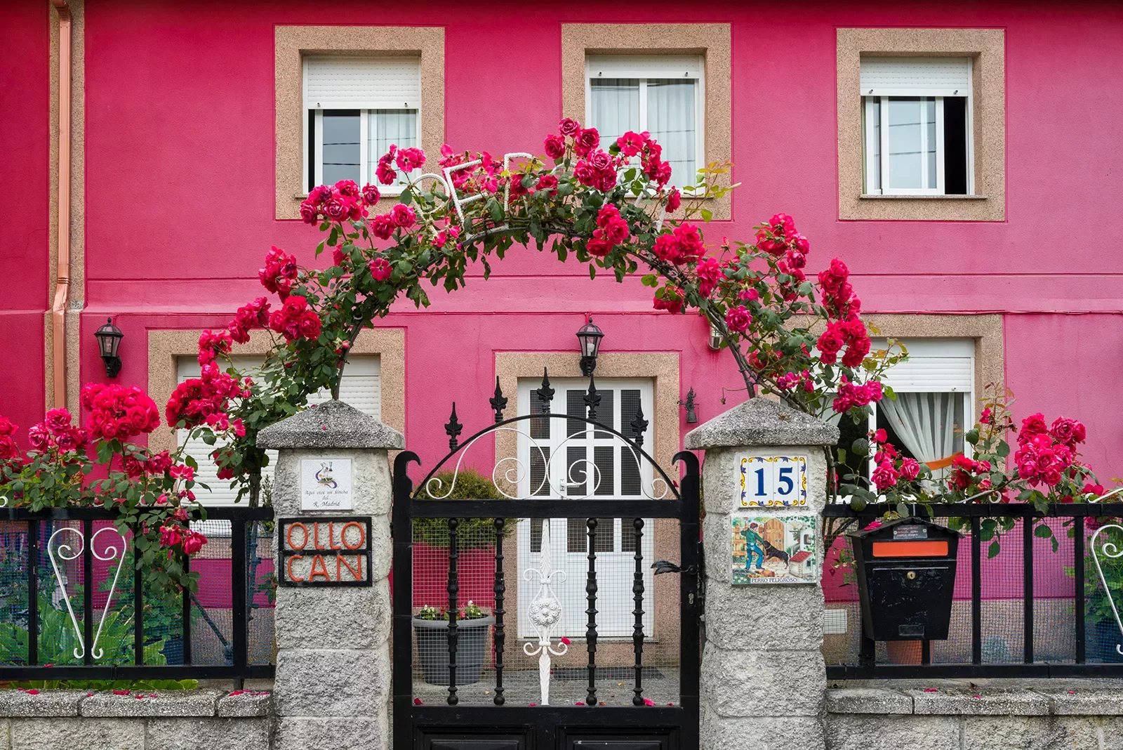 Housefront shot of bright pink building, flower arch, metal fence.