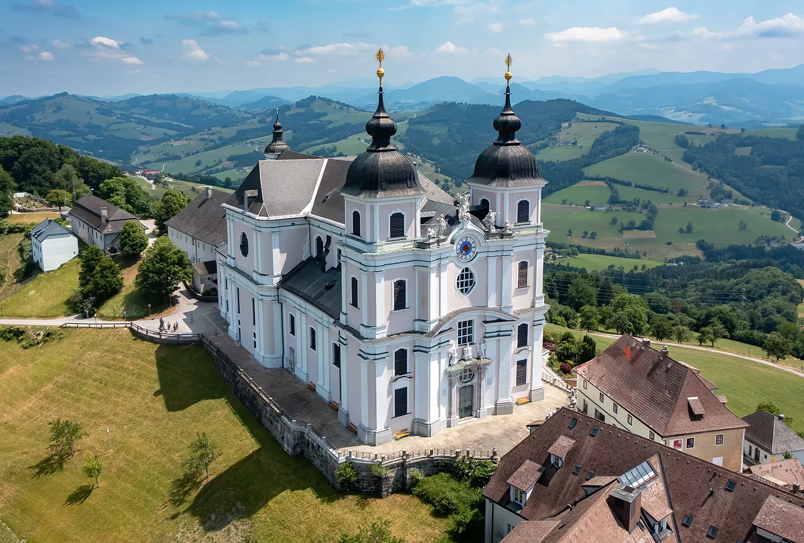 Aerial drone shot of Basilica Sonntagberg in Austria.