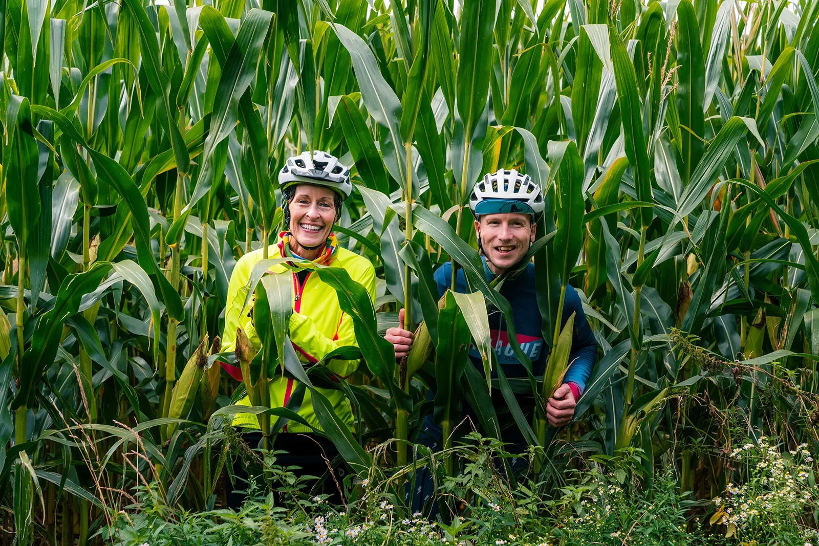 Two bikers in a field