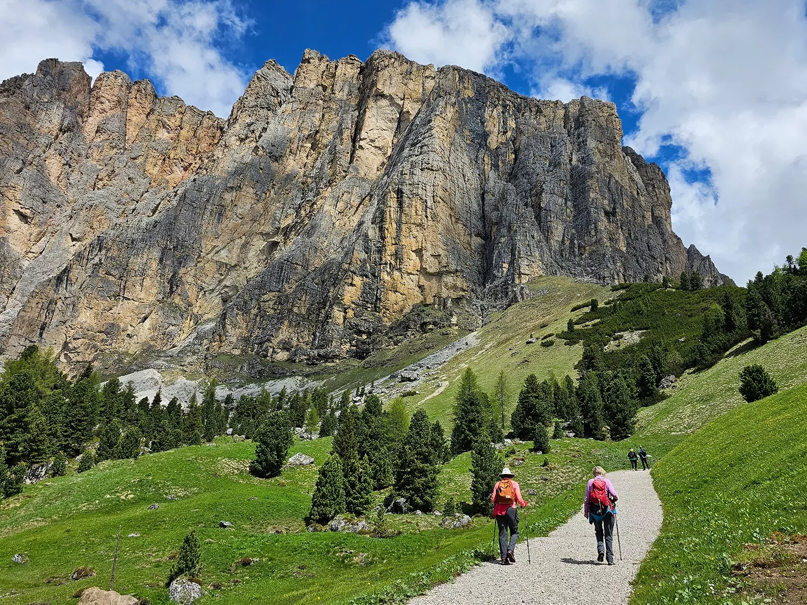 Hikers walking a path towards mountain range
