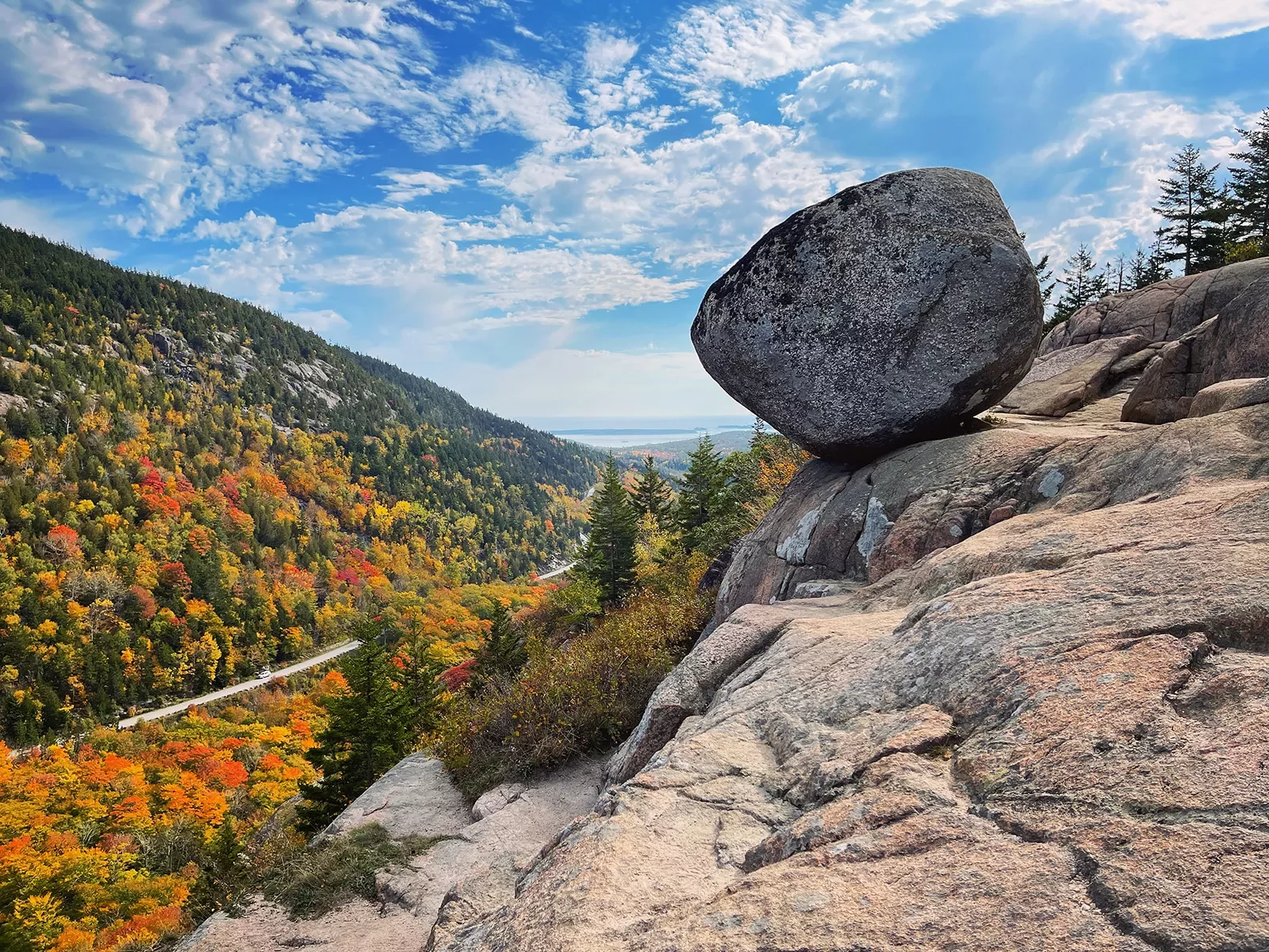 Boulder on a rocky edge overlooking trees
