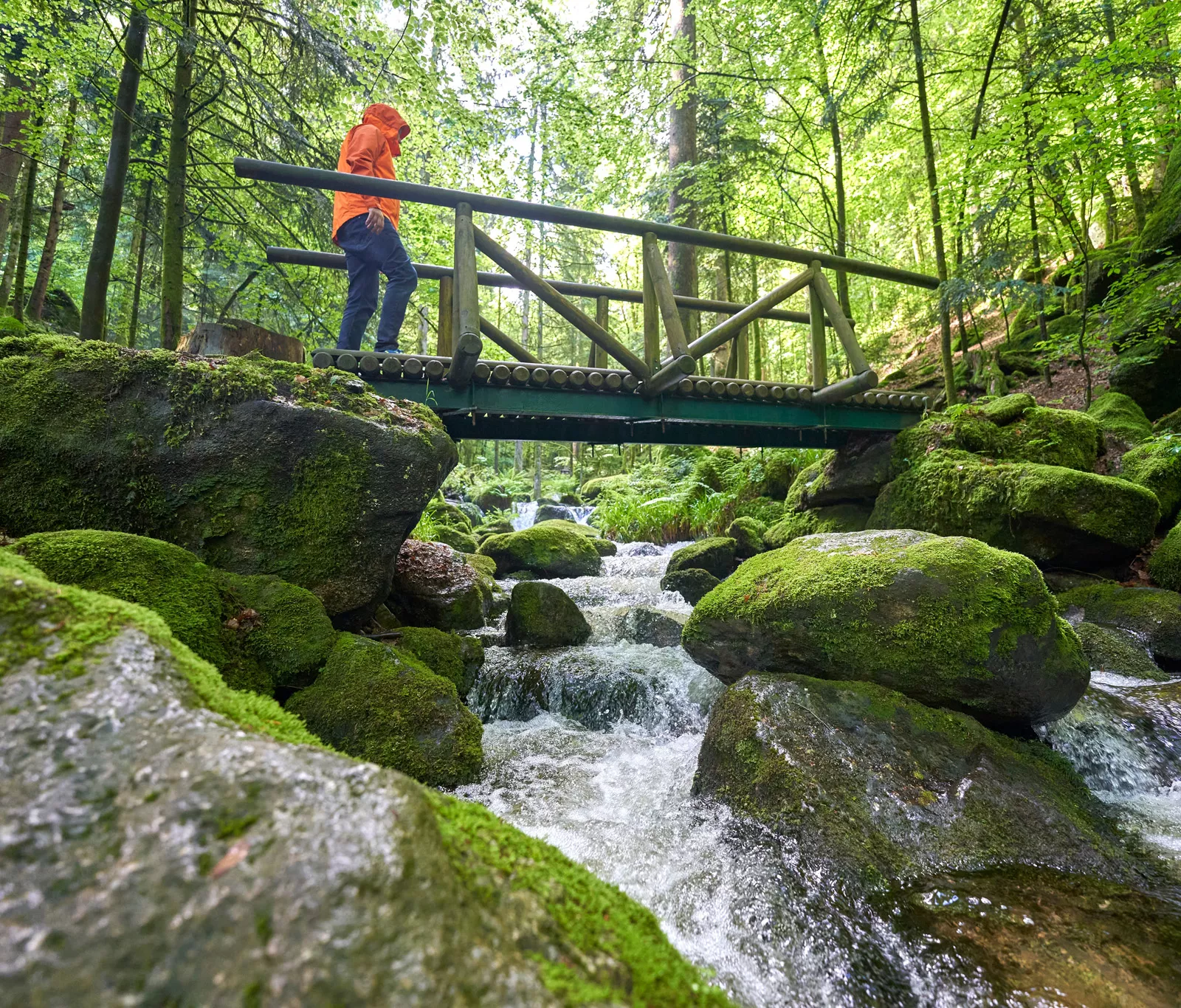 Person wearing an orange jacket, walking on a wooden bridge over a river in a forest