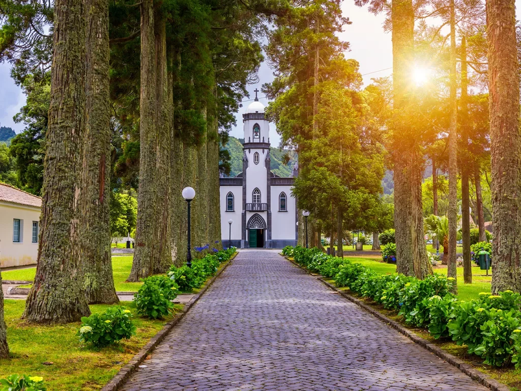Church of Sao Nicolau with an alley of tall trees and hydrangea flowers in Sete cidades on Sao Miguel island, Azores, Portugal. Parish Church of St. Nicholas, Sete Cidades, Azores.
