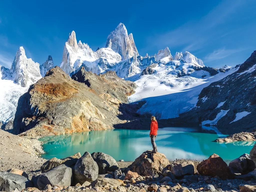 Clear blue lake in Patagonia mountains.