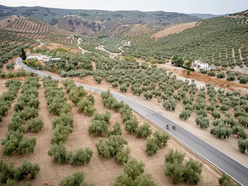 Aerial view of bikers in Andalucia, Spain.