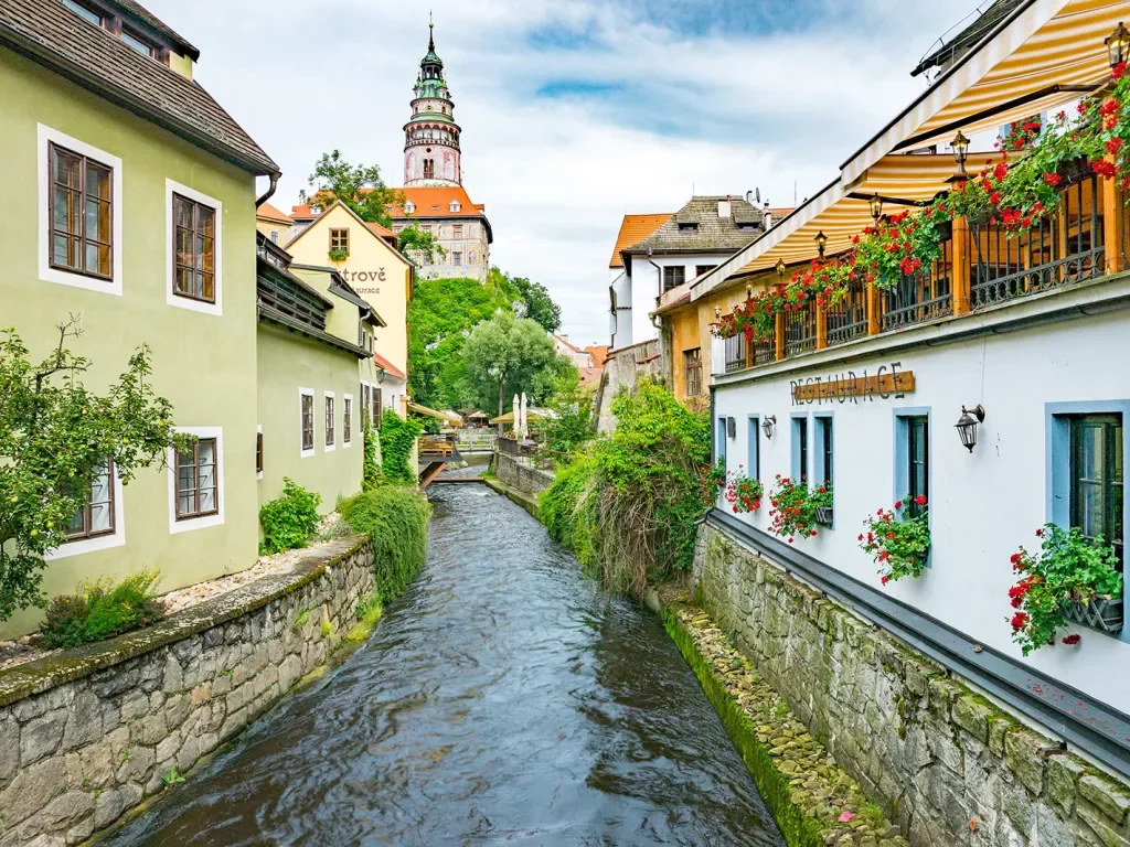 Restaurants along a waterway in Czech Republic.