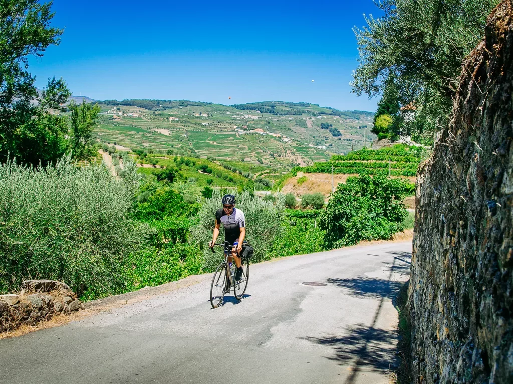 Biker riding on a road along the Douro River.