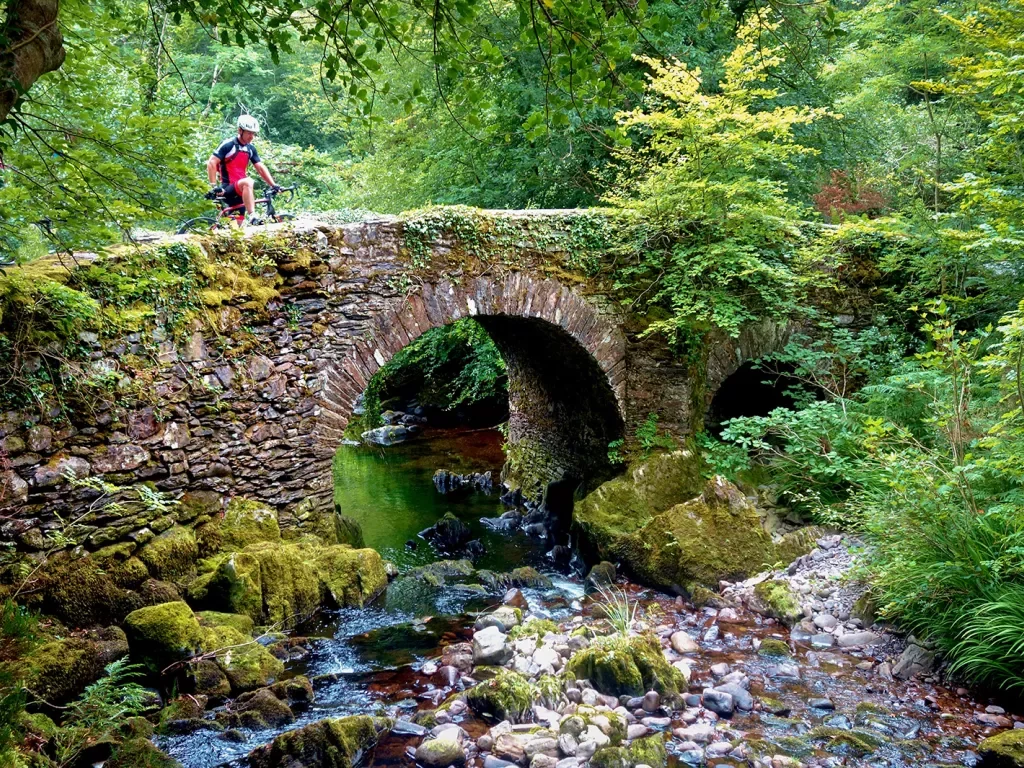 Cyclist Stone Bridge Over Creek Ireland