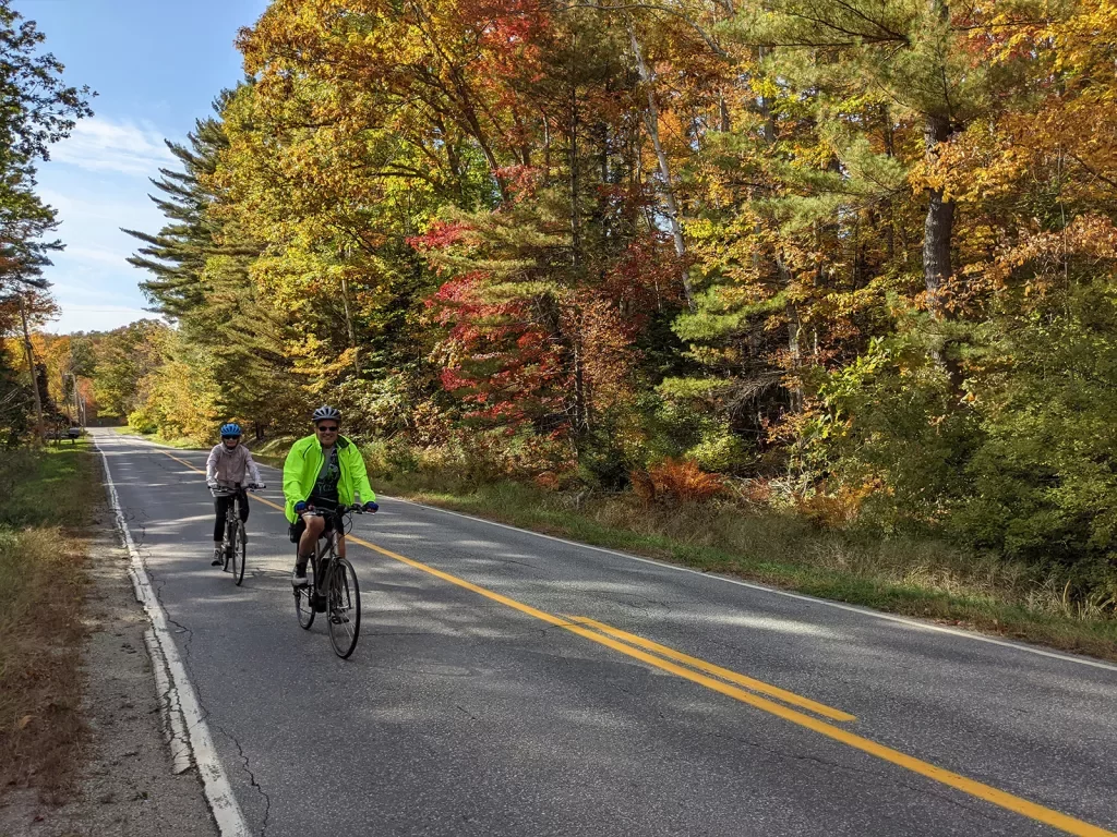 Two guests biking down road, fall-colored trees all around them.