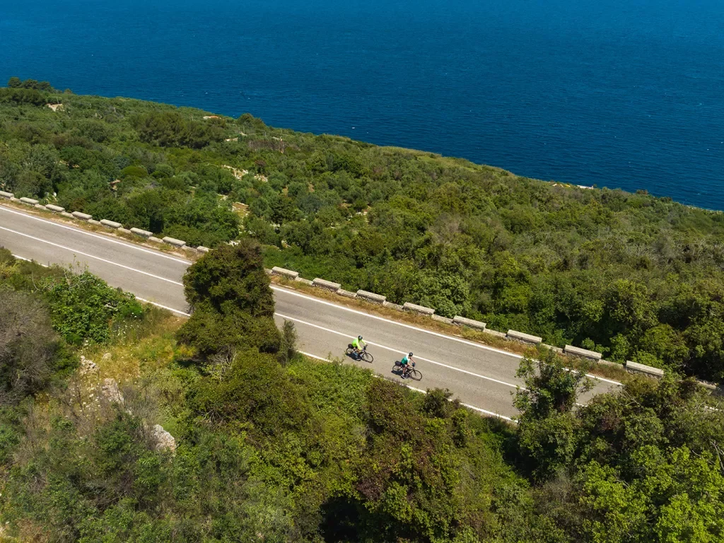 Aerial shot of two guests cycling down coastal road, forest and ocean in background.
