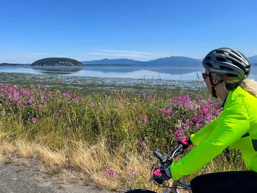Guest cycling past large lake, small flower bushes in foreground.