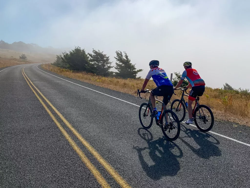 Two guests cycling up foggy road.
