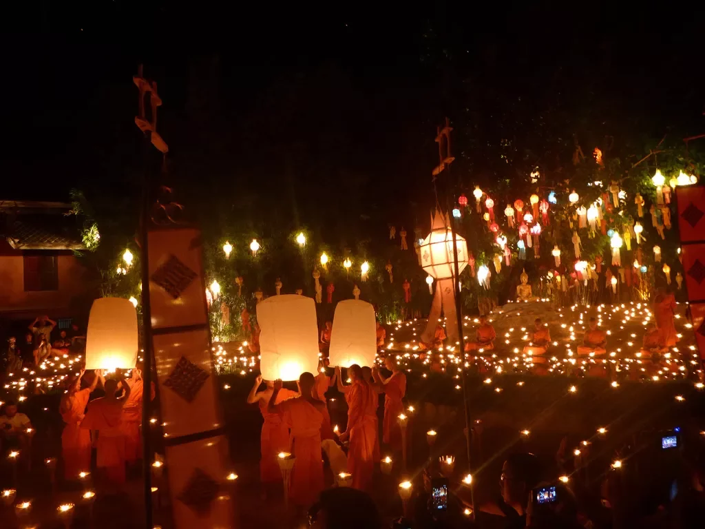 Lanterns and candles lit up at night in Thailand