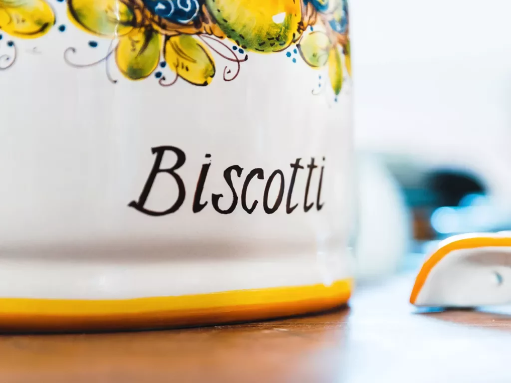 Close-up of biscotti jar.