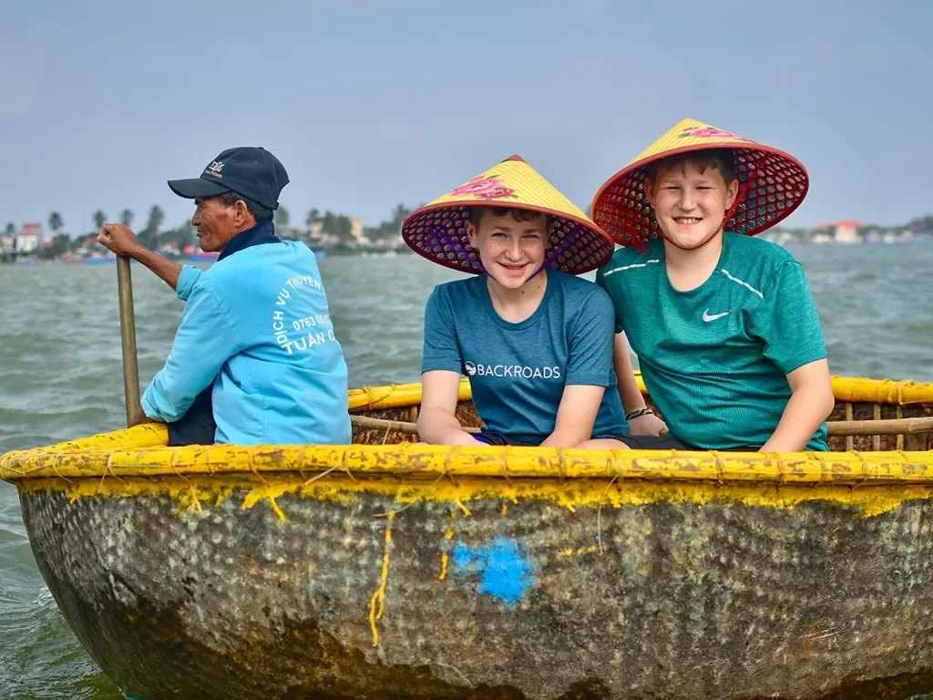 Riding in a round bottom boat in Vietnam