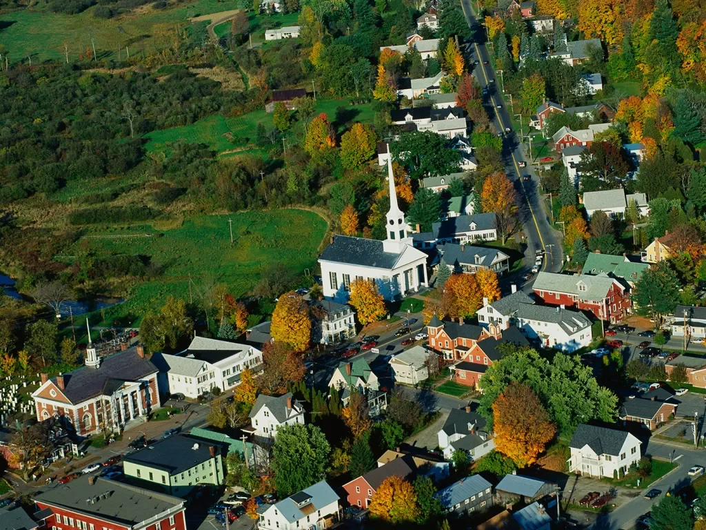 Wide shot of Vermont town.