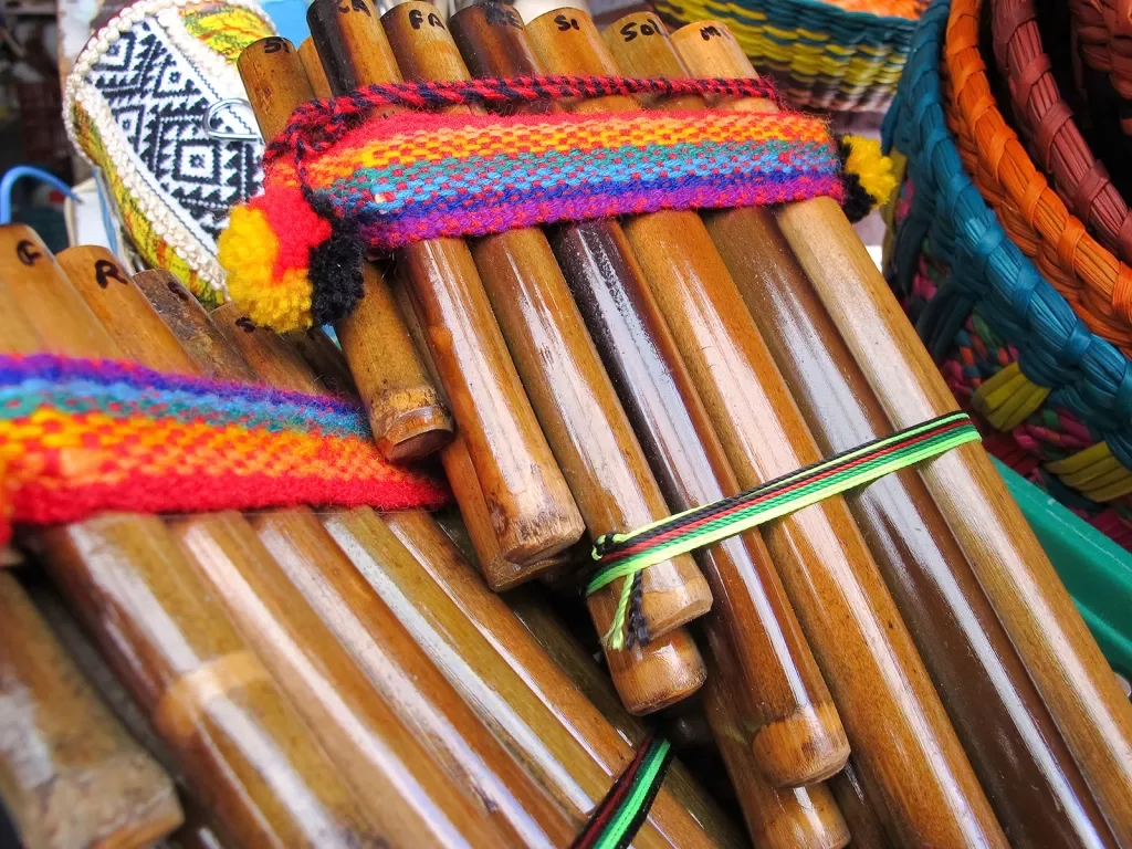 Close-up of colorful pan flute.