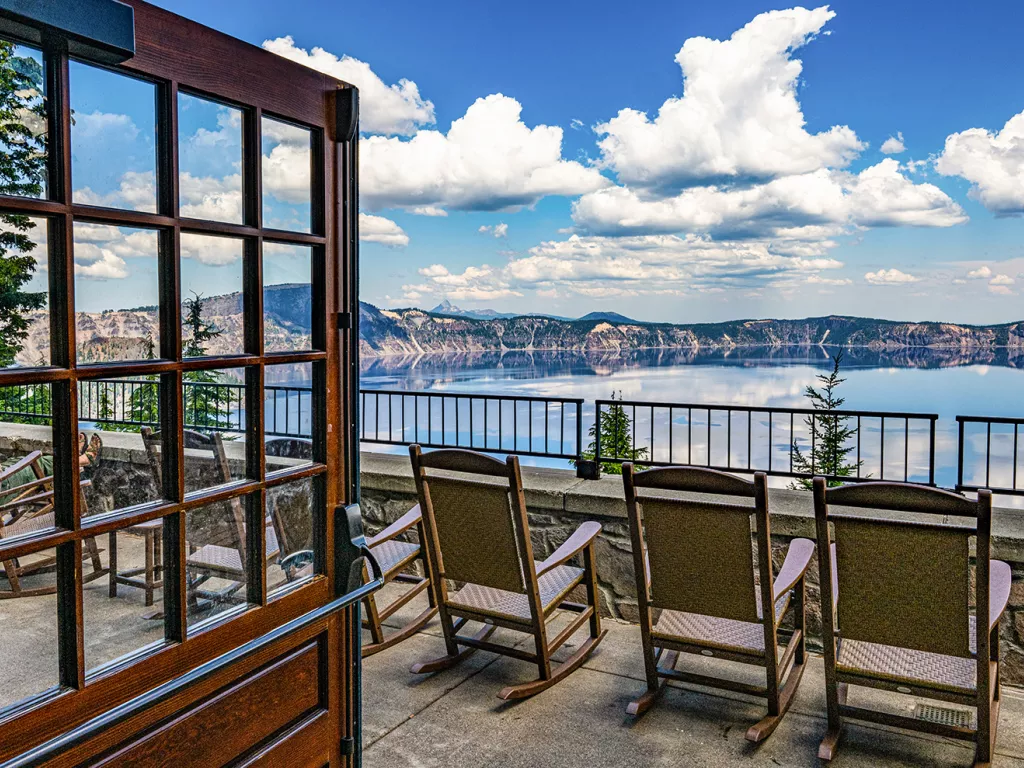 Wide shot of the view at The Crater Lake Lodge.