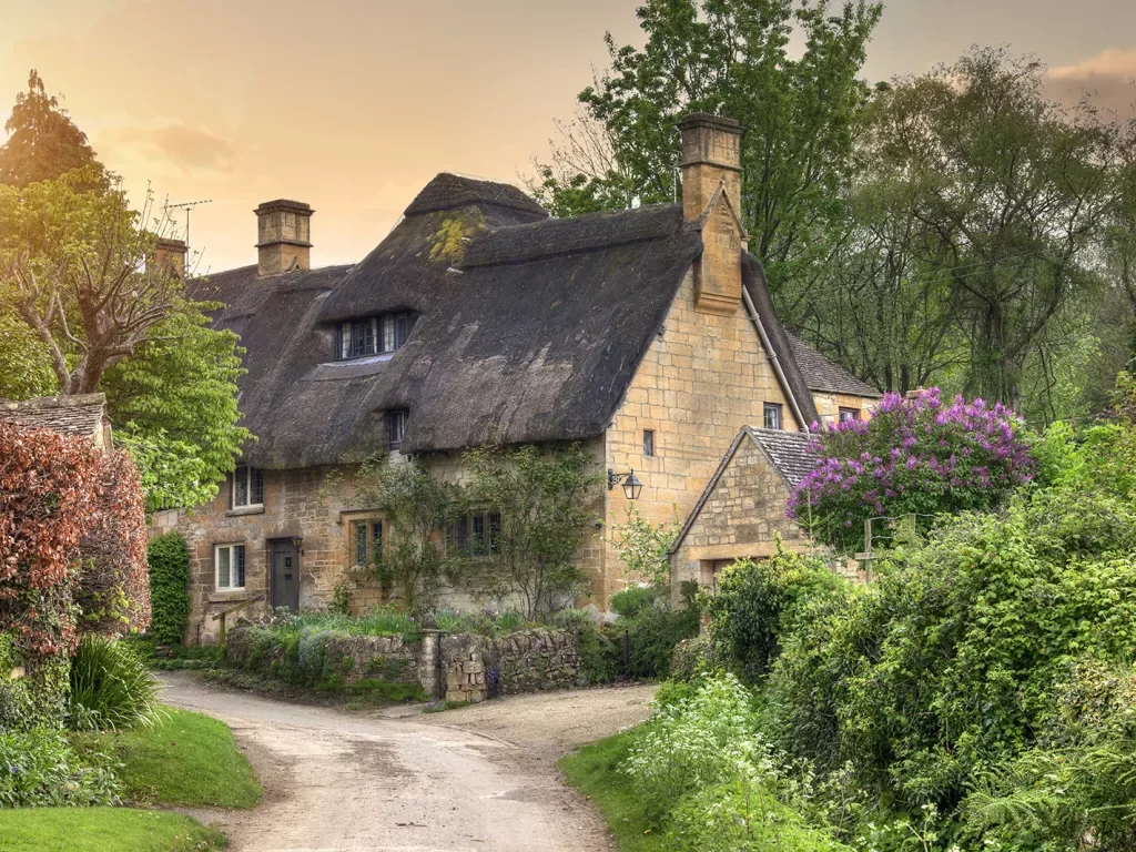 Traditional English cottage and flower garden.